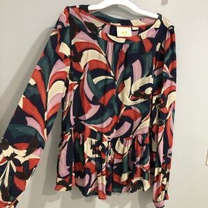Maeve by Anthropologie Cheyenne Peplum Blouse Blue Red Long Sleeve  Size Small